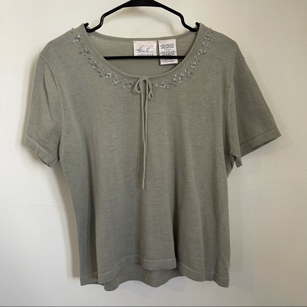 Vintage Sage Green Embroidered Knit Sweater Tee